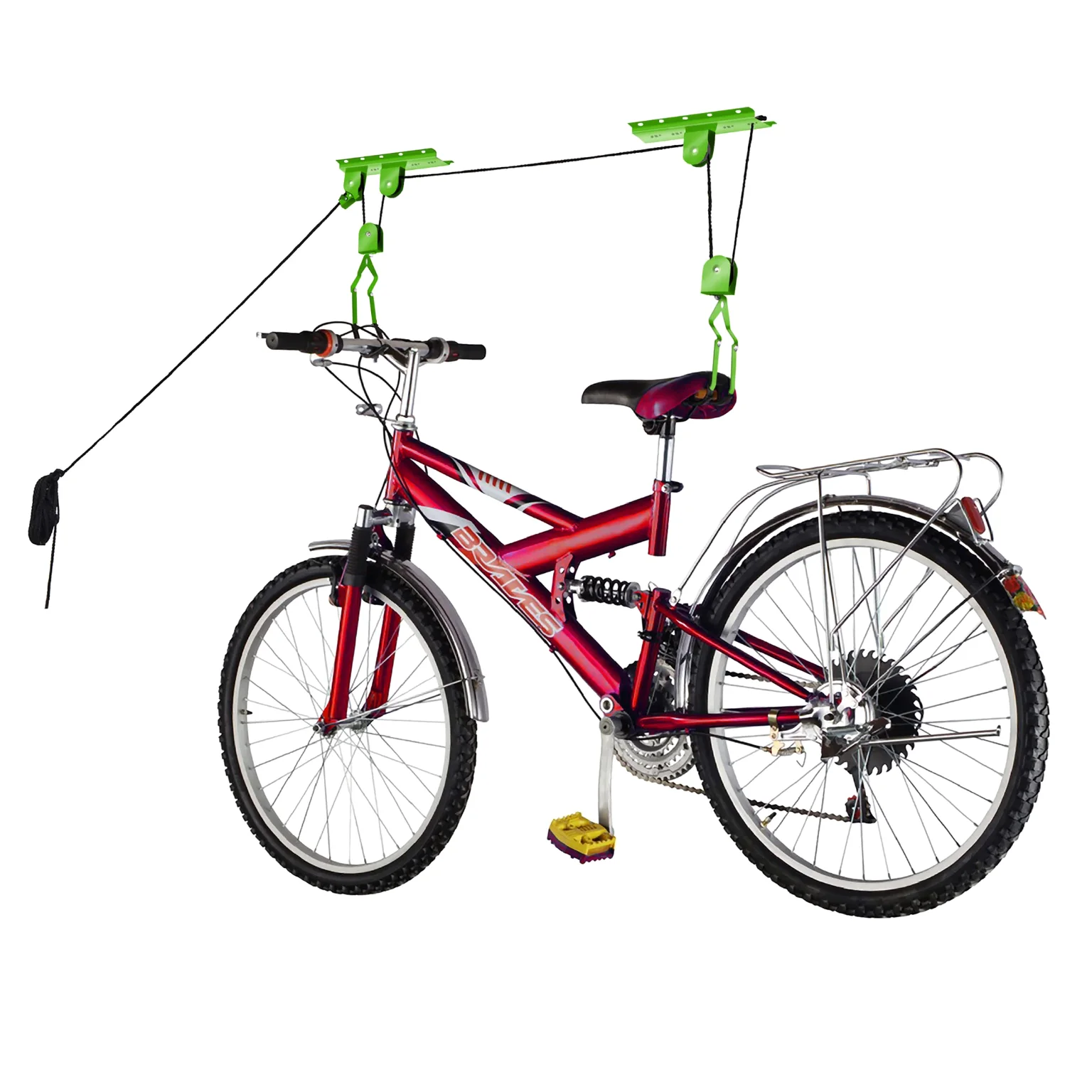 A bike hanging from the green RAD Sportz Bike Hoist.