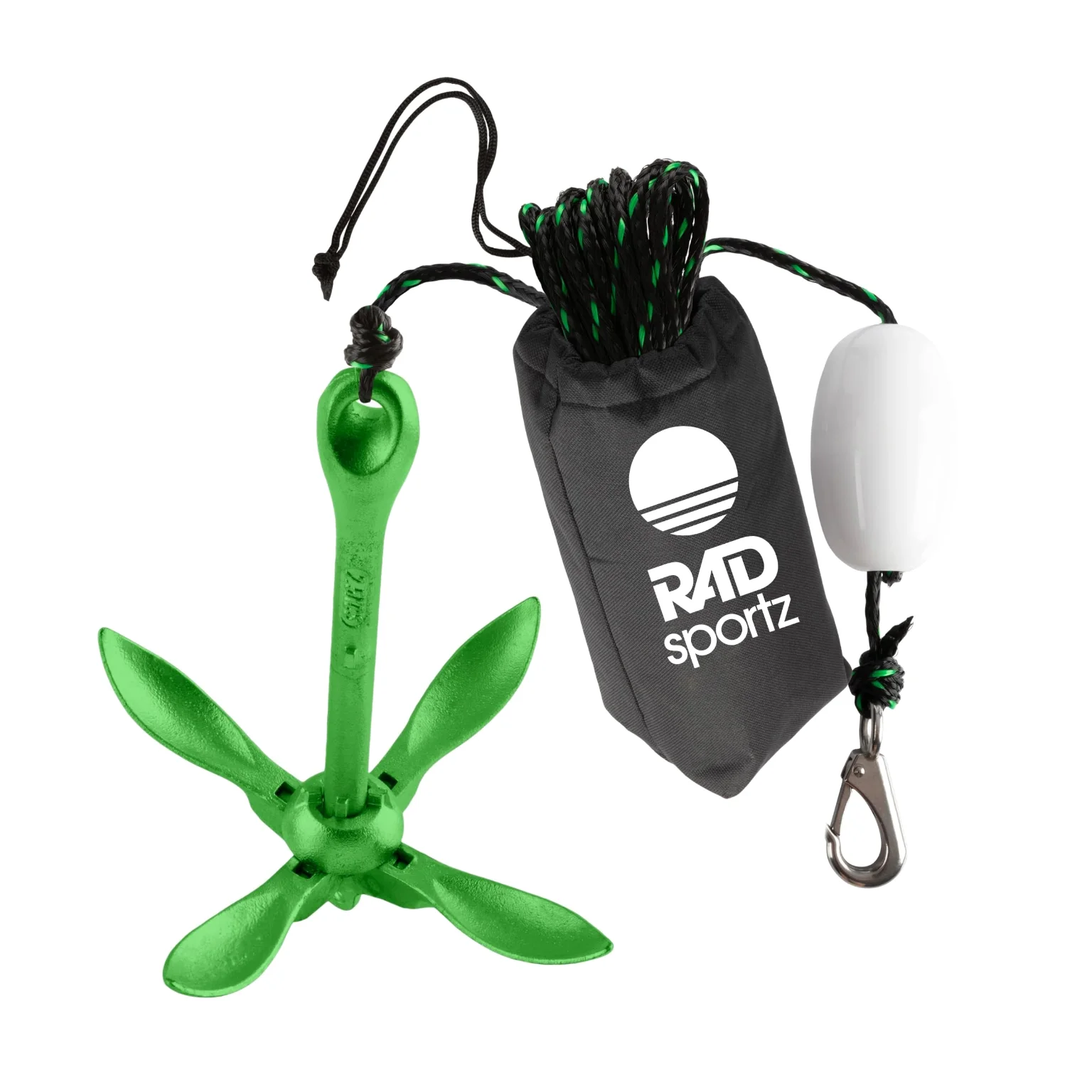 The green 5.5 lb Folding Kayak Anchor with its rope, buoy and bag.