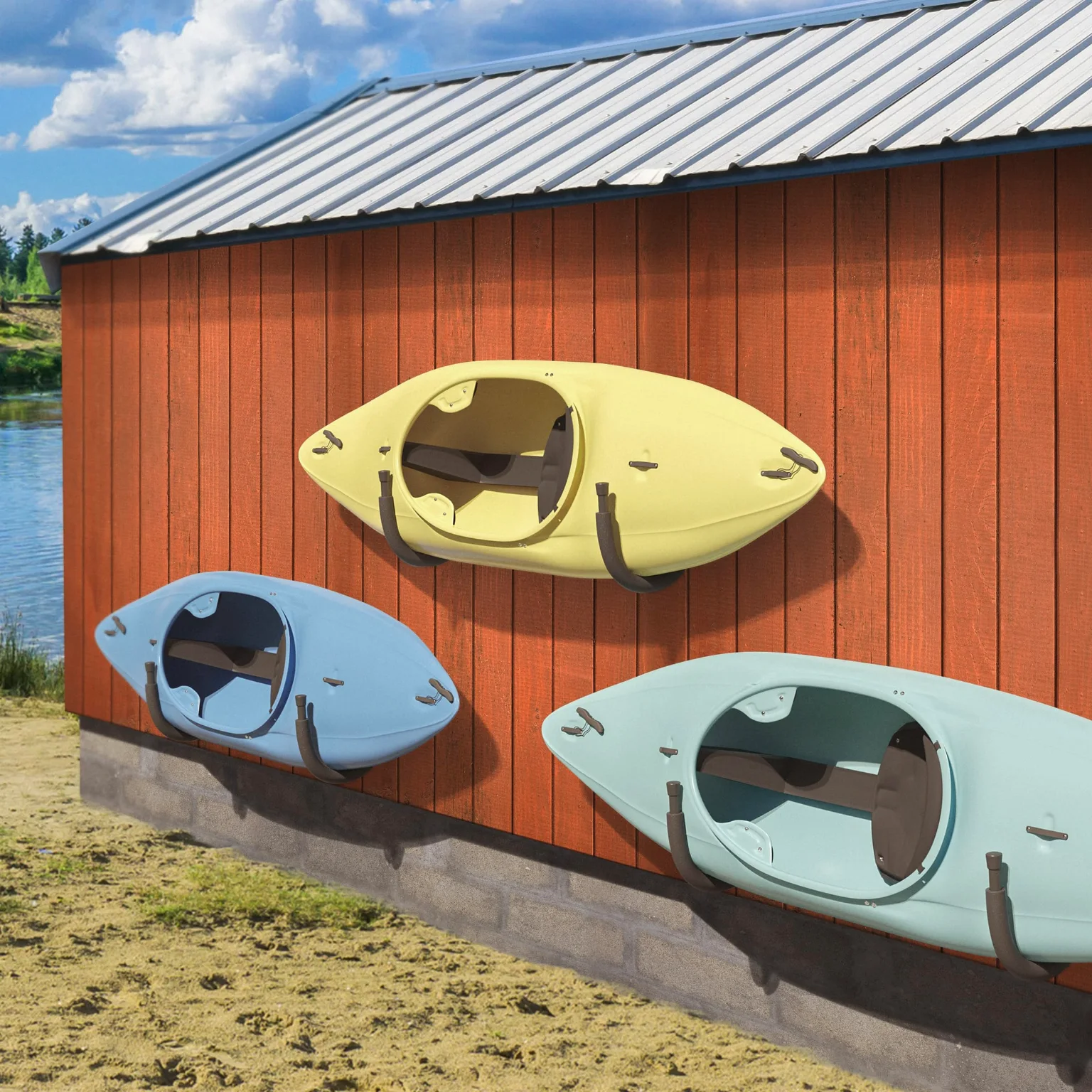 Kayaks on wall hooks along a shed