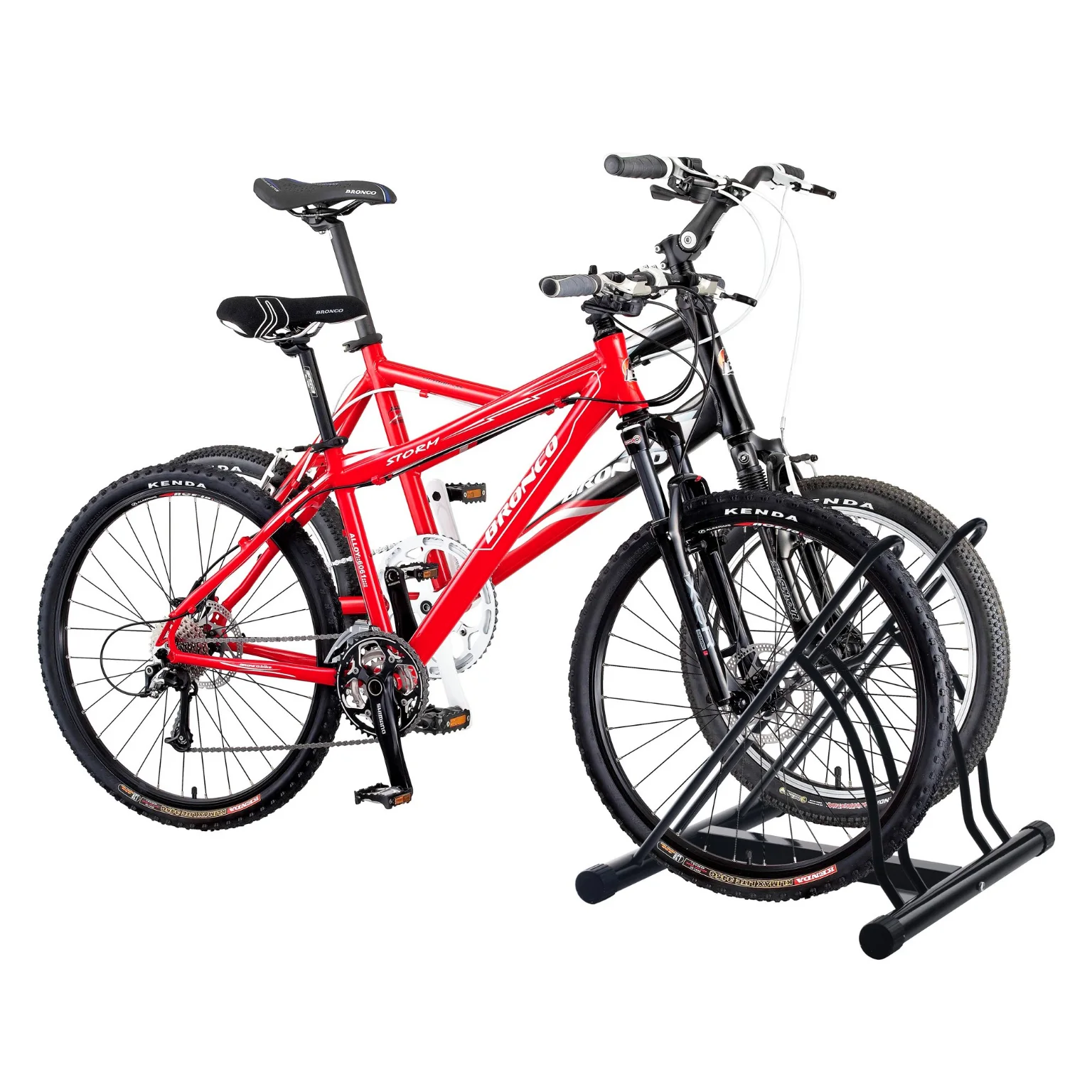 Two bikes parked in the Two-Bike Floor Stand.